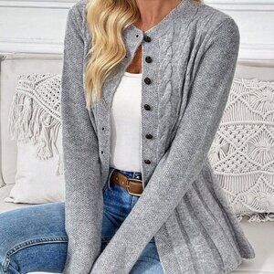 Grey Casual Women's Long Sleeve button down sweater Cardigan
